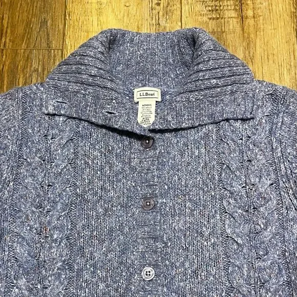 LL Bean Wool Cable Knit Cardigan Sweater Womens M Blue Fisherman Preppy Cottage - Picture 4 of 7